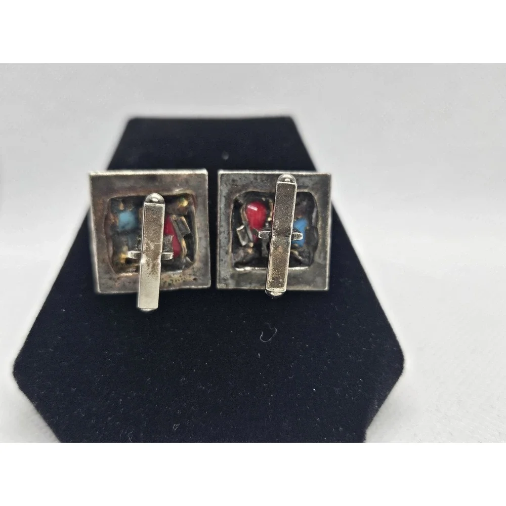 Vintage Artisan Mosaic Stone Inlayed Bronze Cuff‎ Links